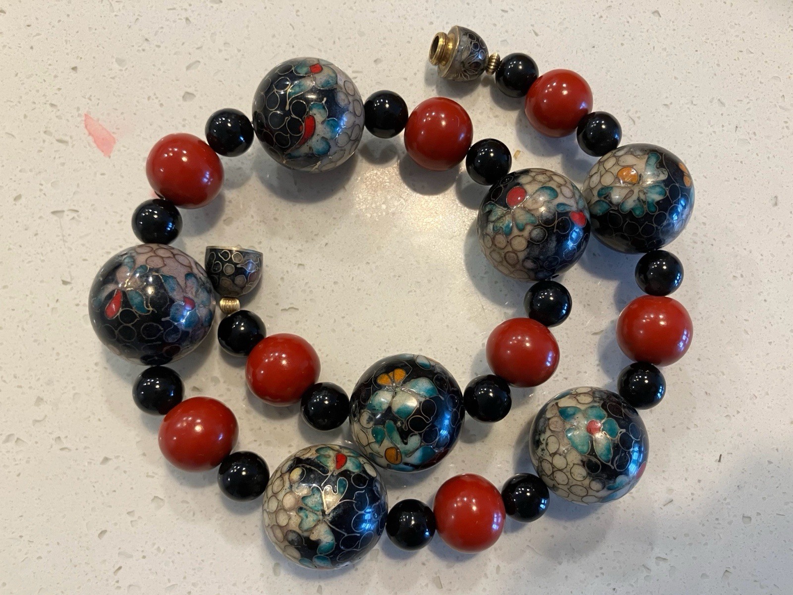 Vintage Huge Chinese Cinnabar Cloisonne Bead Necklace