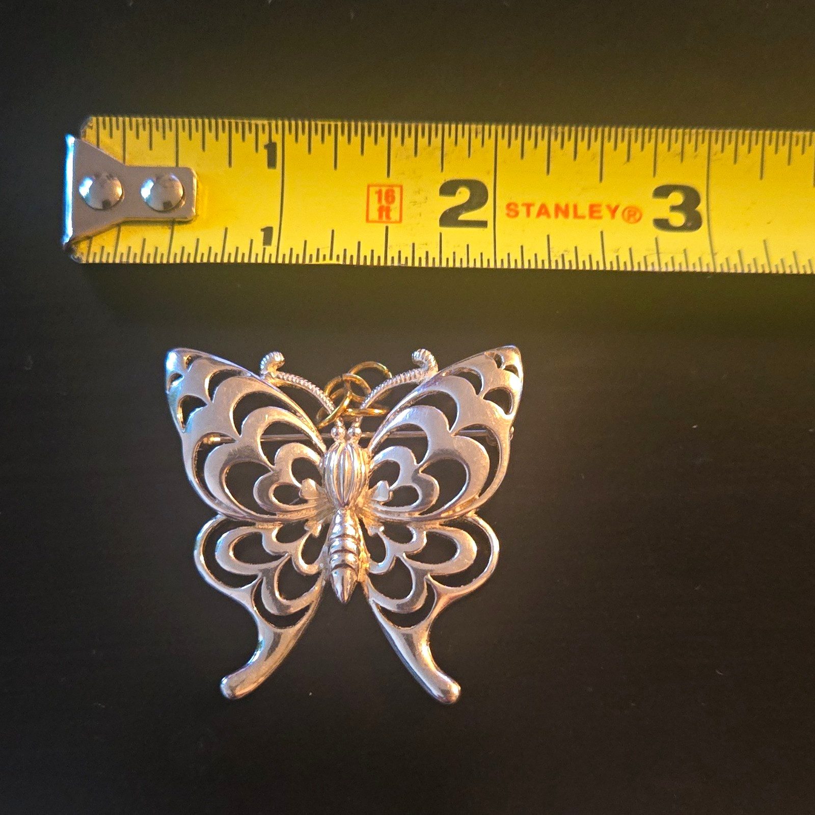 Silver Tone Butterfly Dangle Brooch Pin, Metal, No Stone, 2 in