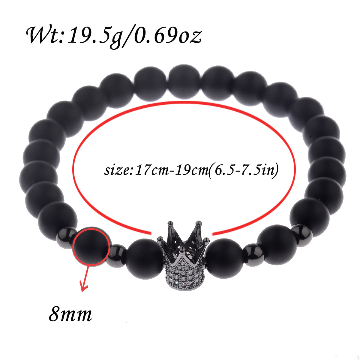 8MM Crown Natural Stone Matte Black Charm Men’s CZ Copper Bead Chuck Bracelet