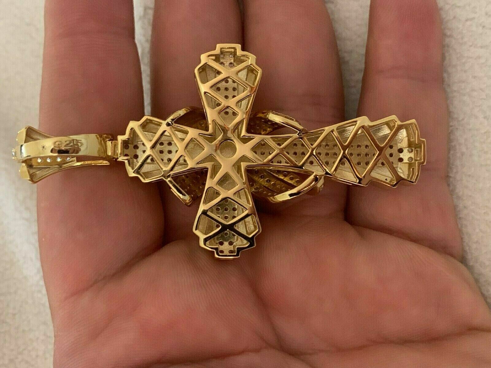 Mens Large Cross Pendant Solid 925 Sterling Silver 14k Gold Plated ICY HipHop CZ