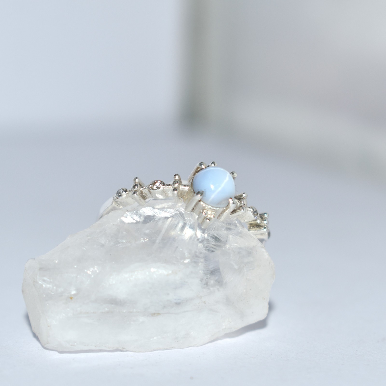 Forest Style White Lab Lindy Star Sapphire & CZ Diamond 925 Sterling Silver Ring