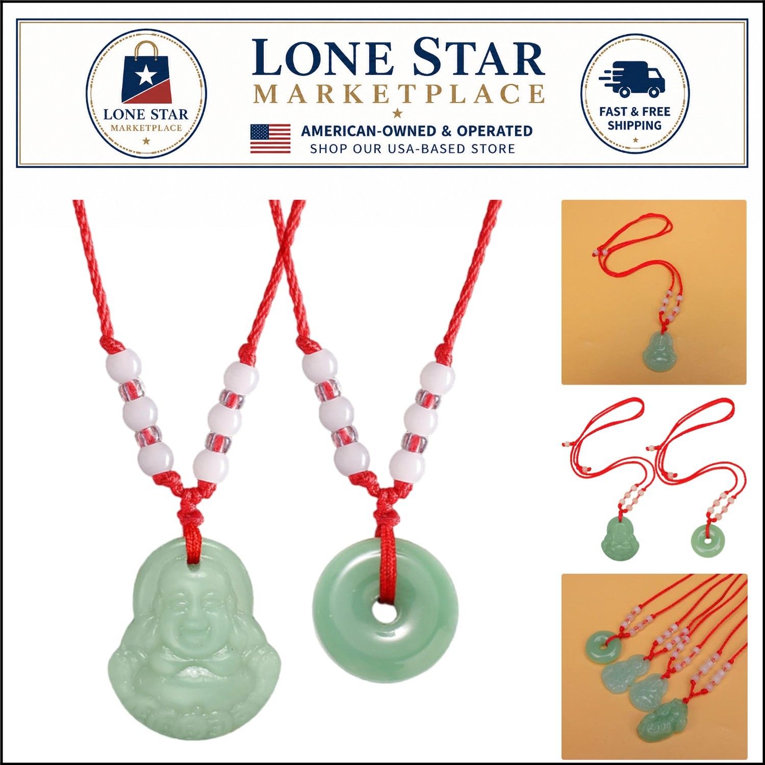 Luck-Infused Green Jade Buddha Amulet Necklace with Durable Red String – 16-26in