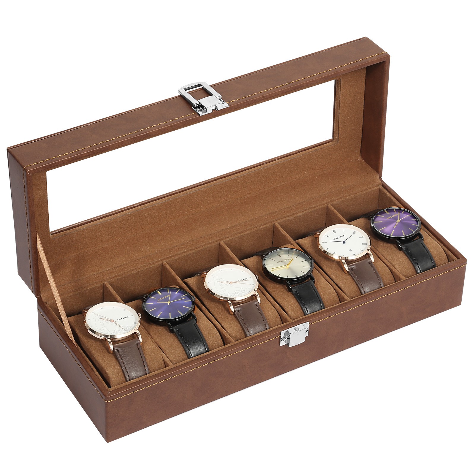 6 Slots Watch Box – PU Leather Case with Glass Lid, Display & Storage Organizer