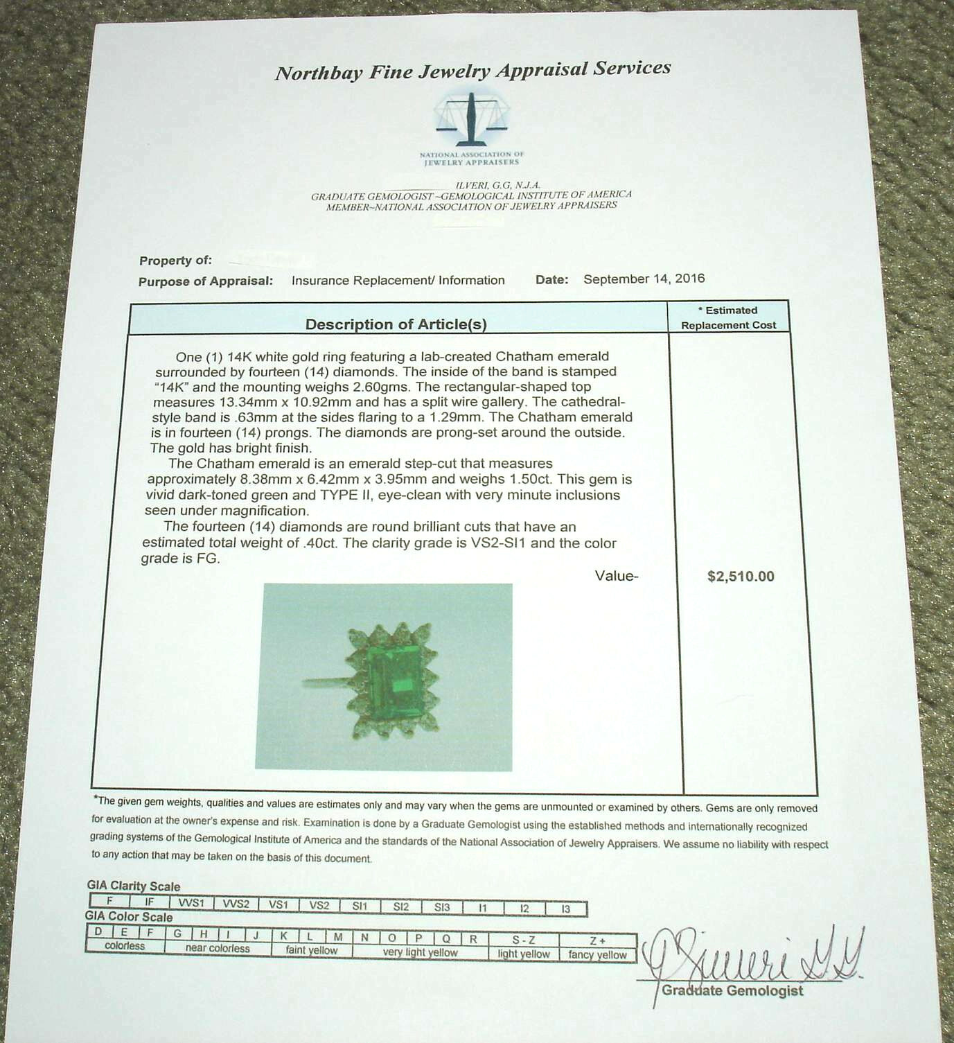 (1.51 Carat) EMERALD (.42 ctw) Diamond RING 14K white GOLD (Chatham lab created)