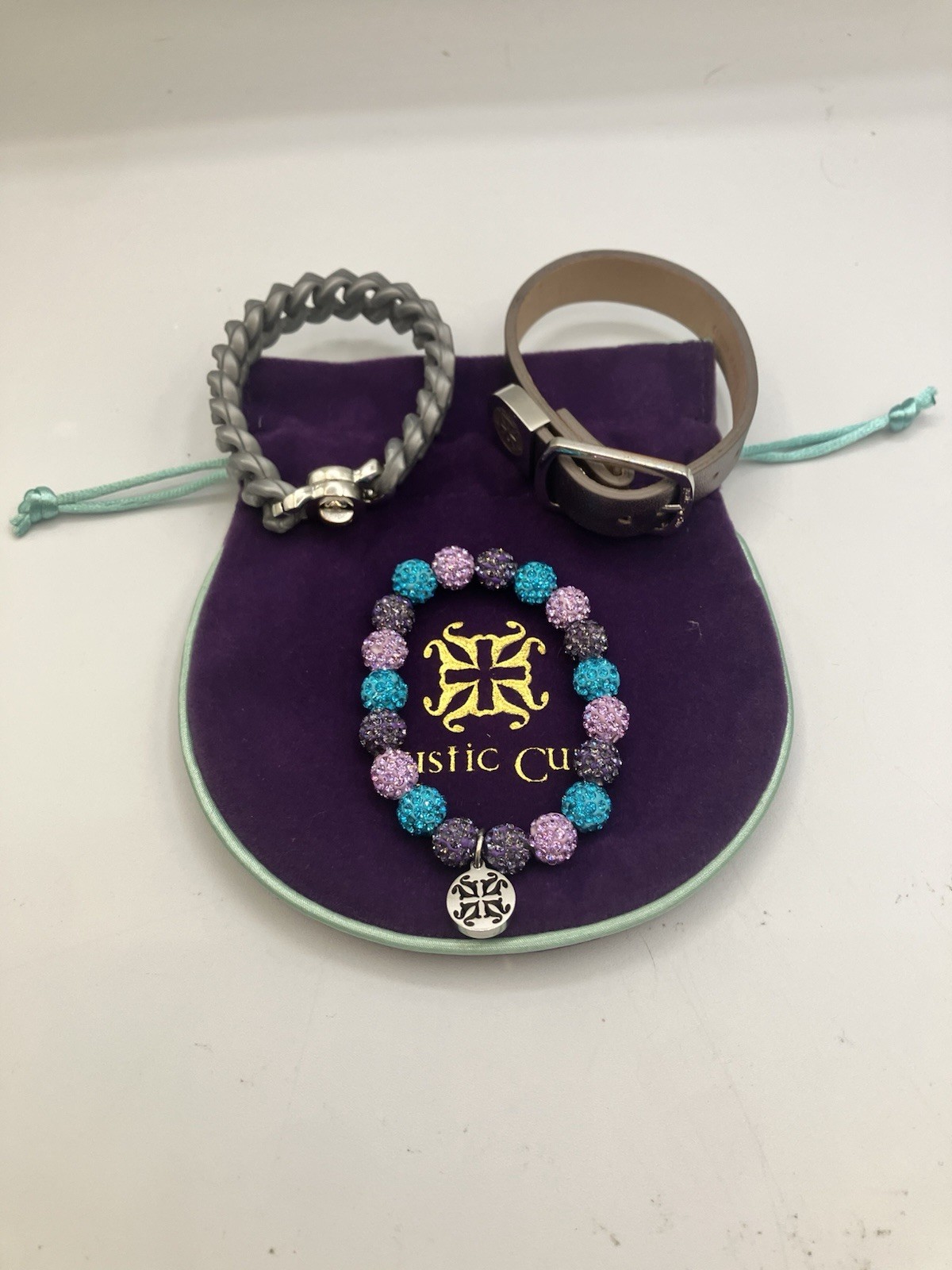 Rustic Cuff 3 Pc Bracelet Stack Gray Chain Purple Teal Crystal Leather RC Set
