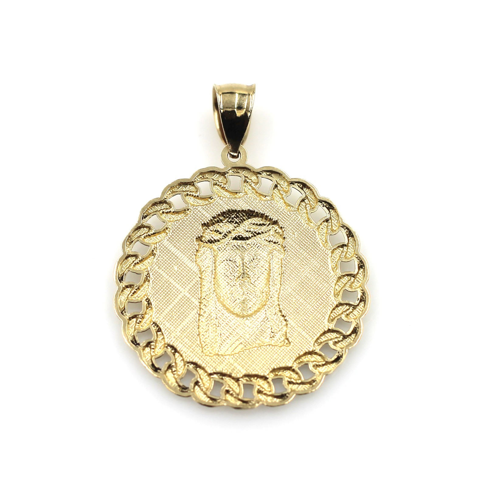 10K Gold Textured Round Jesus Head Medallion Cuban Link Border Pendant 48mm 6.3g