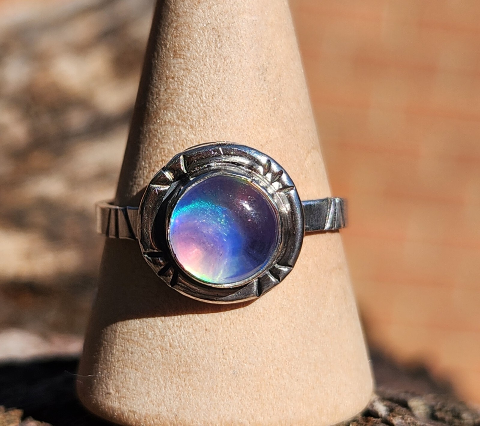 Aurora Opal Handmade Sterling Silver 925 Round Ring, Size 9 Pink Purple
