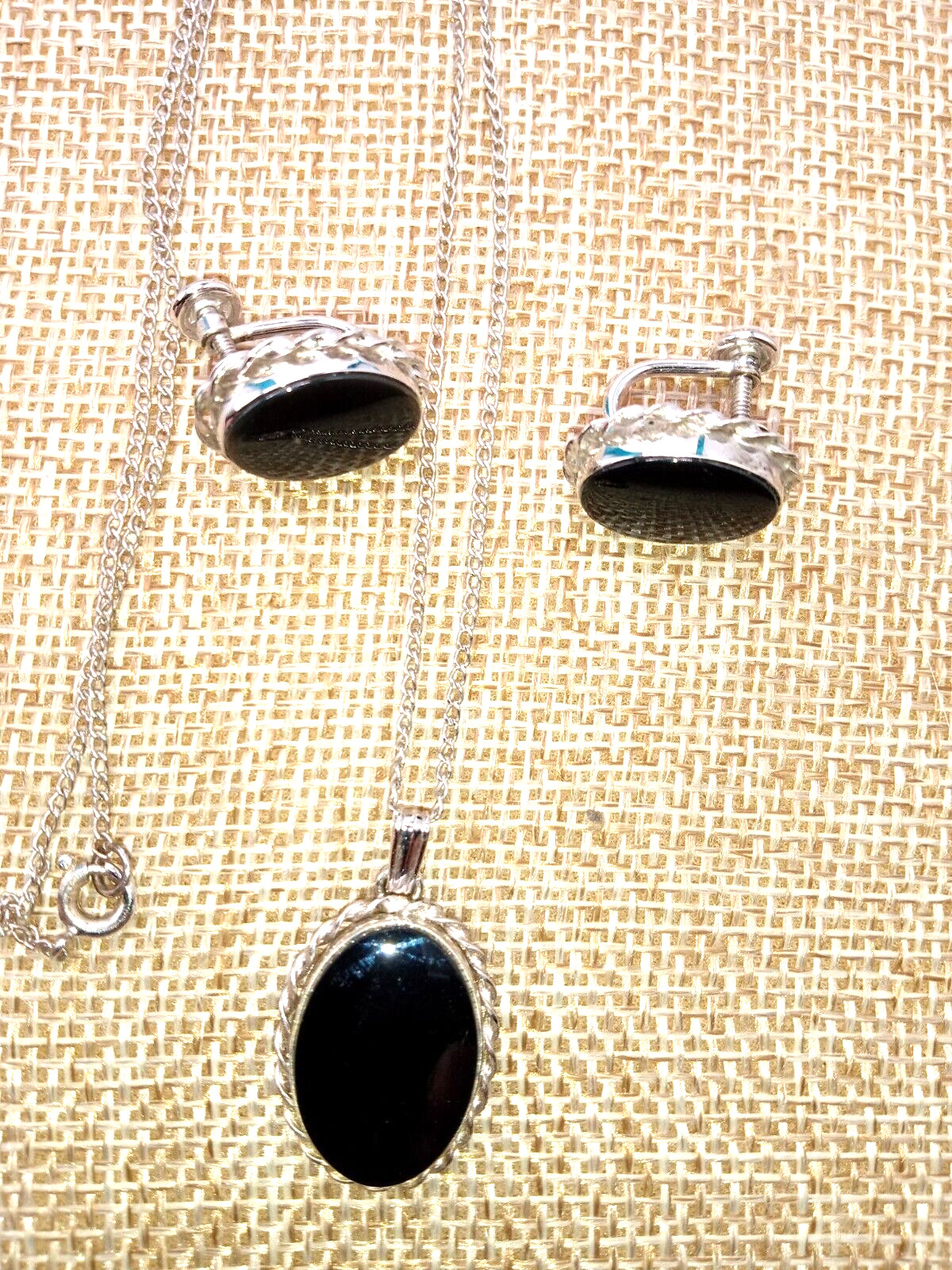 Vtg Van Dell Classic Sterling Silver Black Onyx 18 In Necklace & SB Earrings