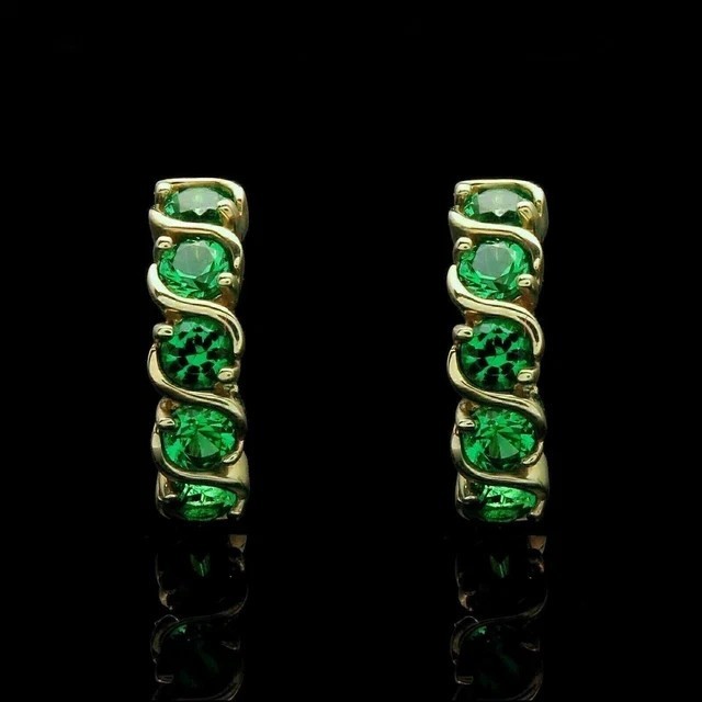 Round Cut Simulated Green Emerald Clip On Hoop Earring In 14k Yellow Gold Plated