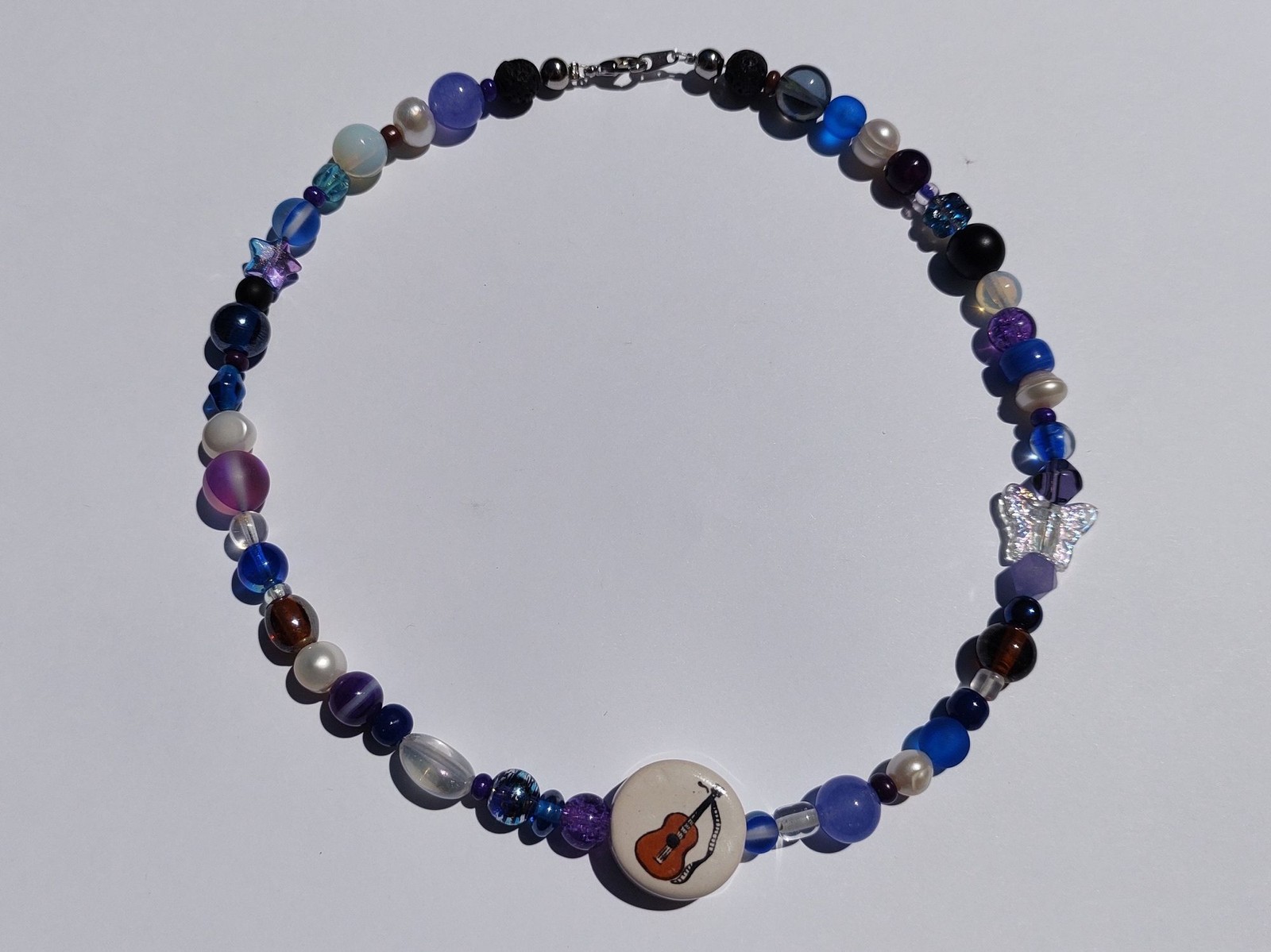 Blue and Purple Guitar Ceramic and Glass Bead Handmade Necklace