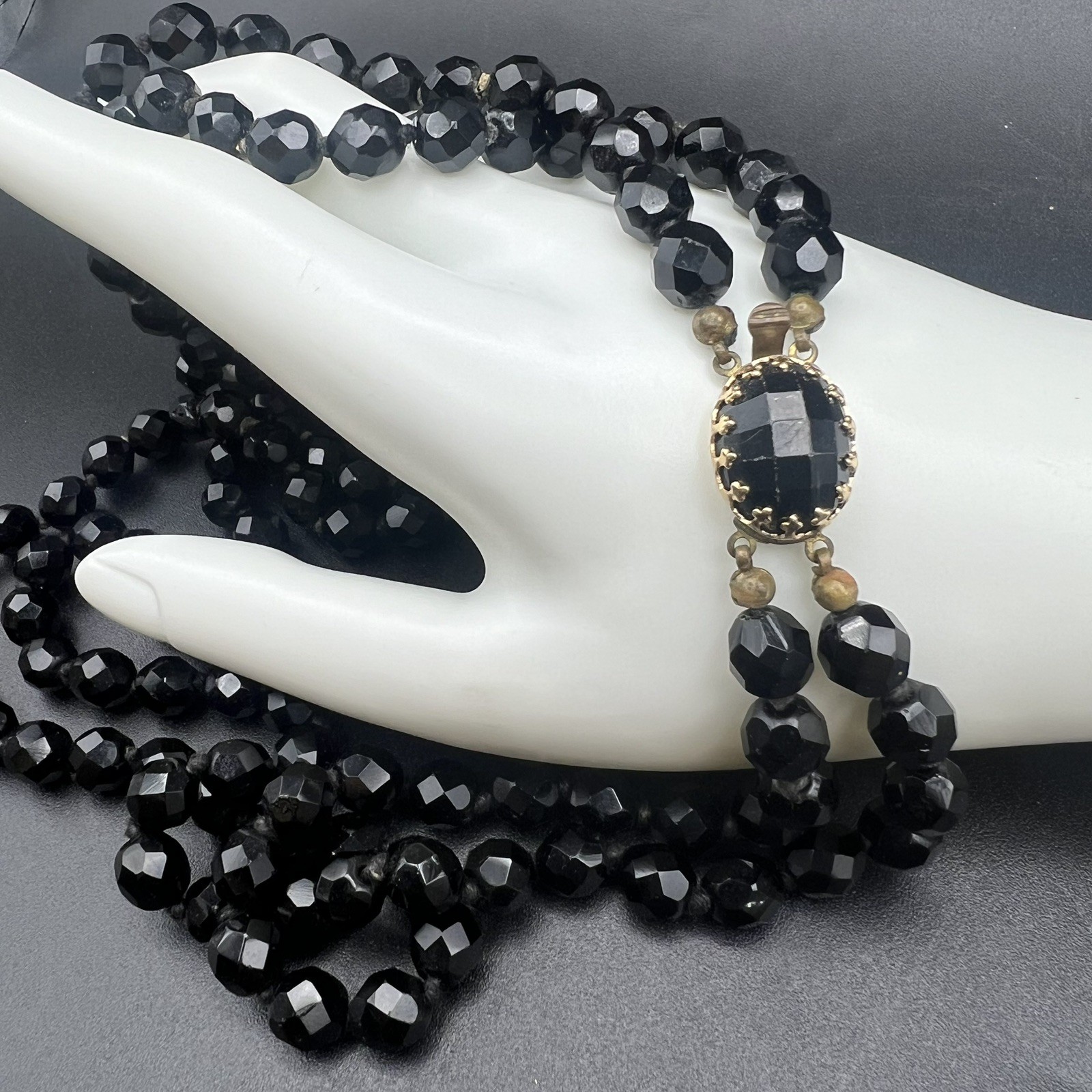 Vintage Faceted Jet Black Glass Double Strand Beaded Necklace Made in Austria