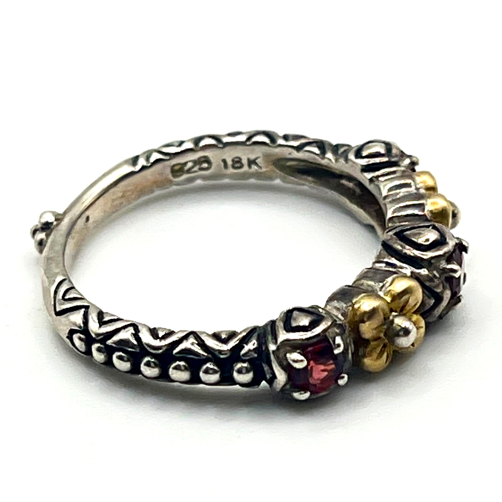Barbara Bixby Band Ring Sz 8 Garnet and 18k Lotus Flower Accents Sterling 925
