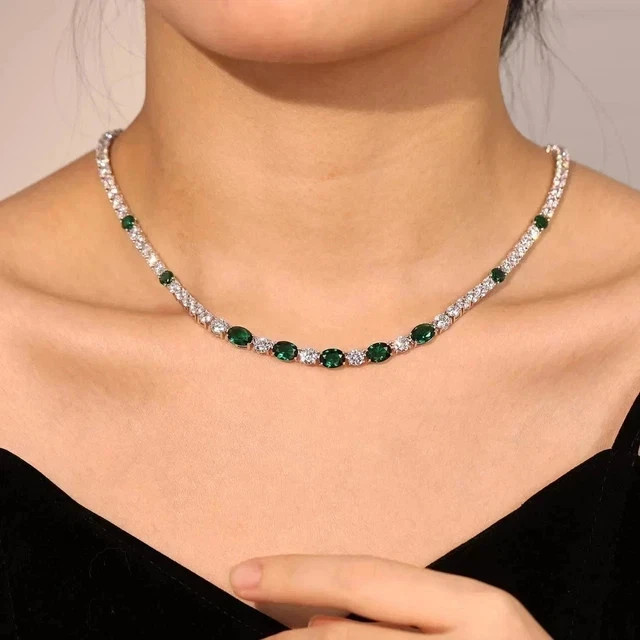 20 Ct Oval Cut Lab Created Emerald Women’s Tennis Necklace 14K White Gold Plated