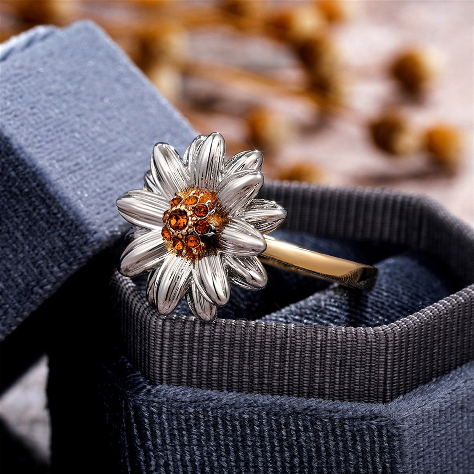 Love Gift Ring Silver Plated Daisy Sunflower Ring 1CT Simulated Diamond Ring