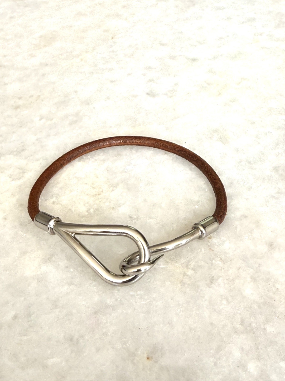 Hermès Palladium Plated Jumbo Hook Bracelet on Brown Leather cord
