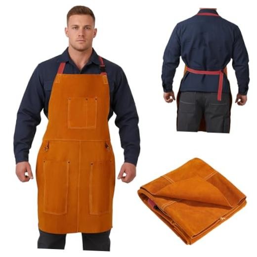 Leather Welding Apron for Men & Women, Heat & Flame Resistant Cowhide Brown