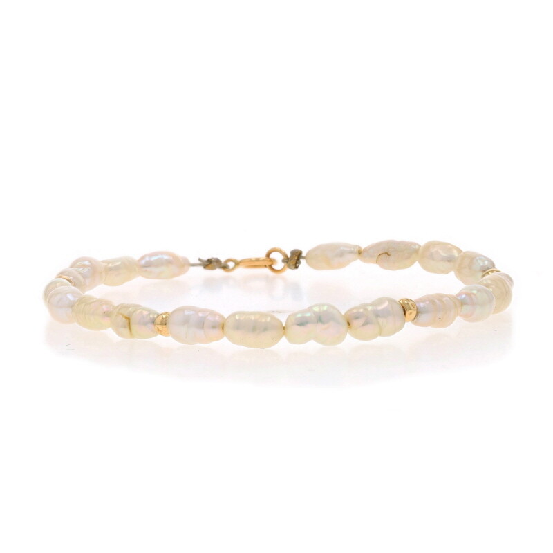 Yellow Gold Cultured Freshwater Pearl Beaded Strand Bracelet 7″ -14k Coated Wire