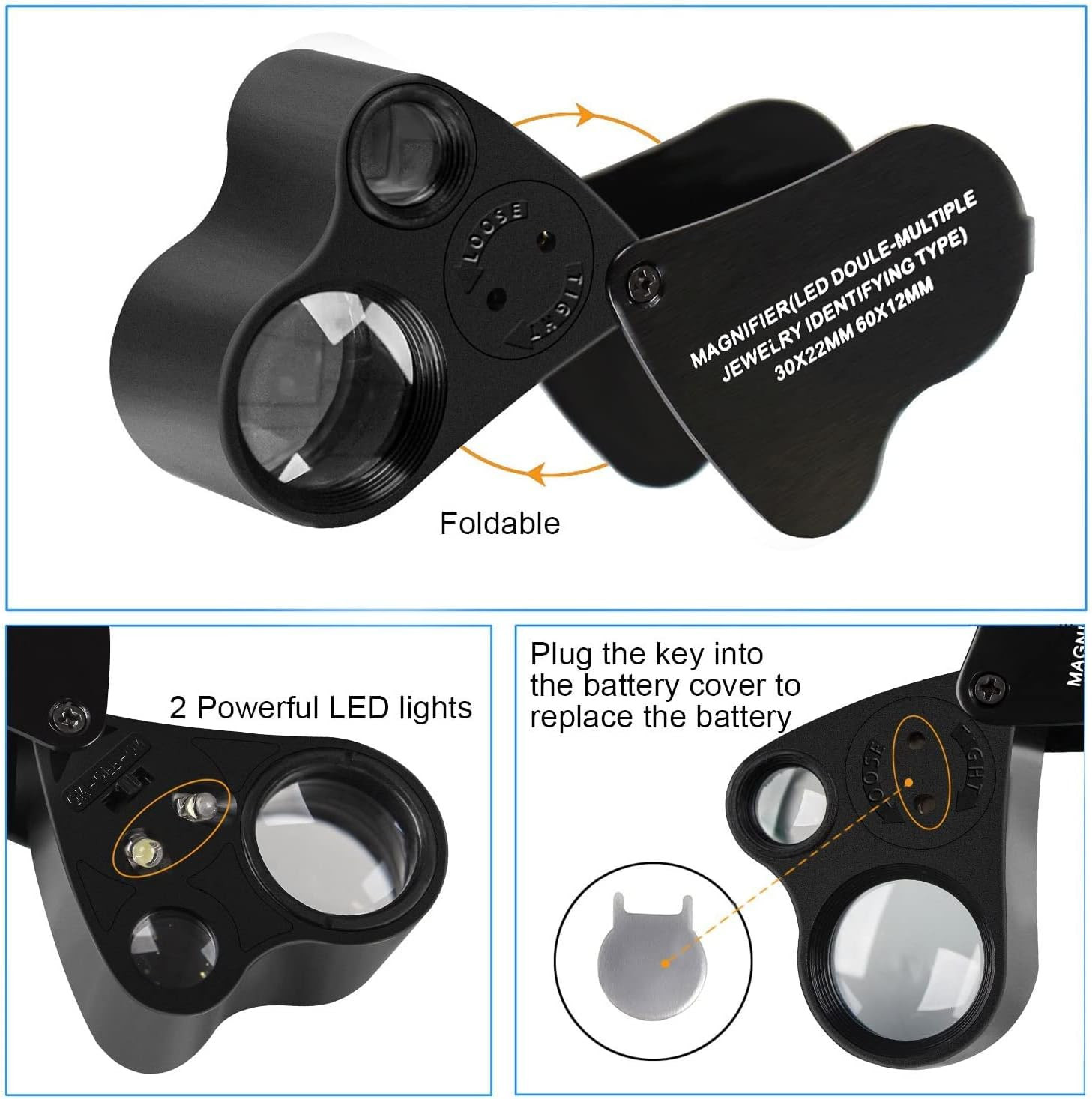 Jewelers Loupe, 2 Pack Magnifying Glass with Light, 30X 60X 90X Jewelers Loop Ma