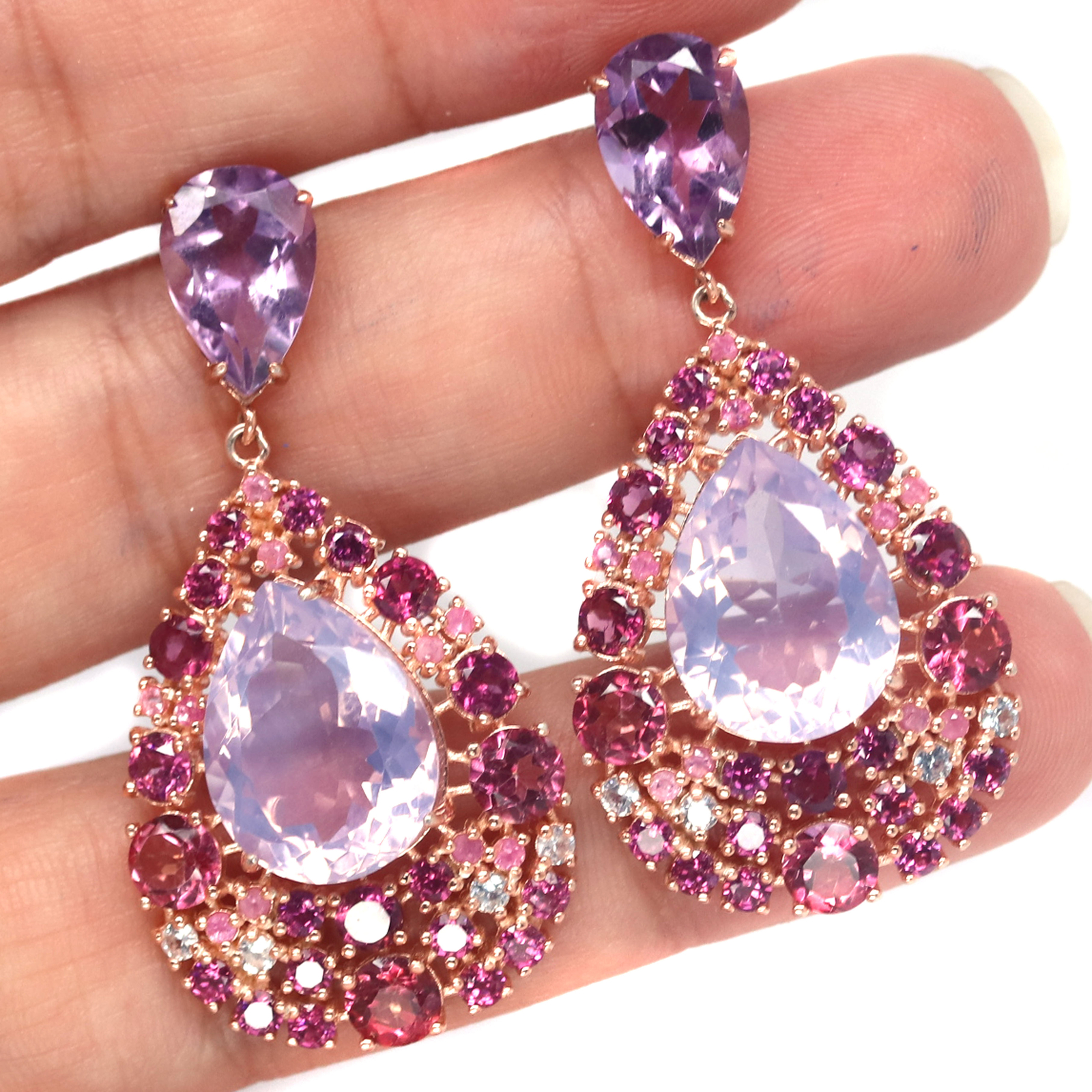 Gemstone 12 X 16 mm. Lavender-Quartz Amethyst Rhodolite…Earrings 925 Silver