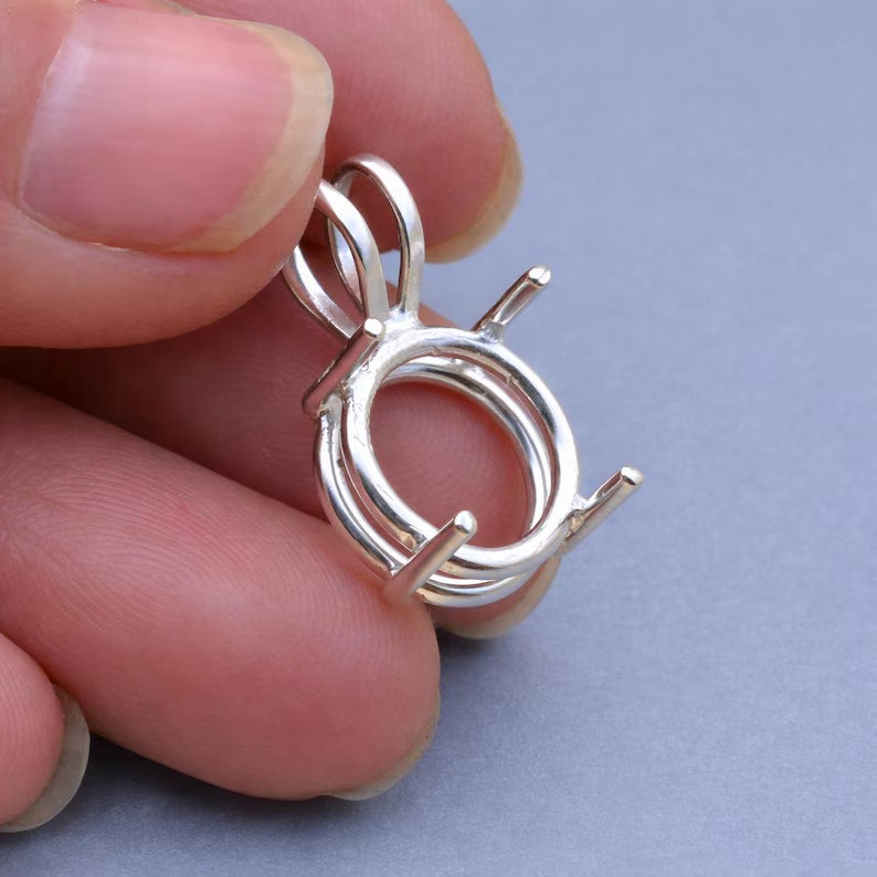 925 Sterling Silver Round 12mm Prong Pendant Setting Pre-Notched DIY Jewelry
