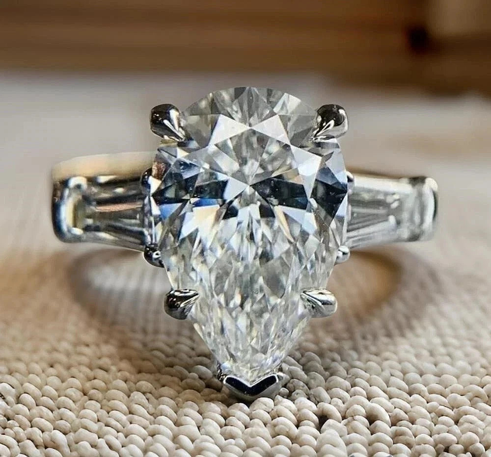 Moissanite Solitaire Engagement Ring Pear Cut 3.50 CT Solid 14K Yellow Gold VVS1