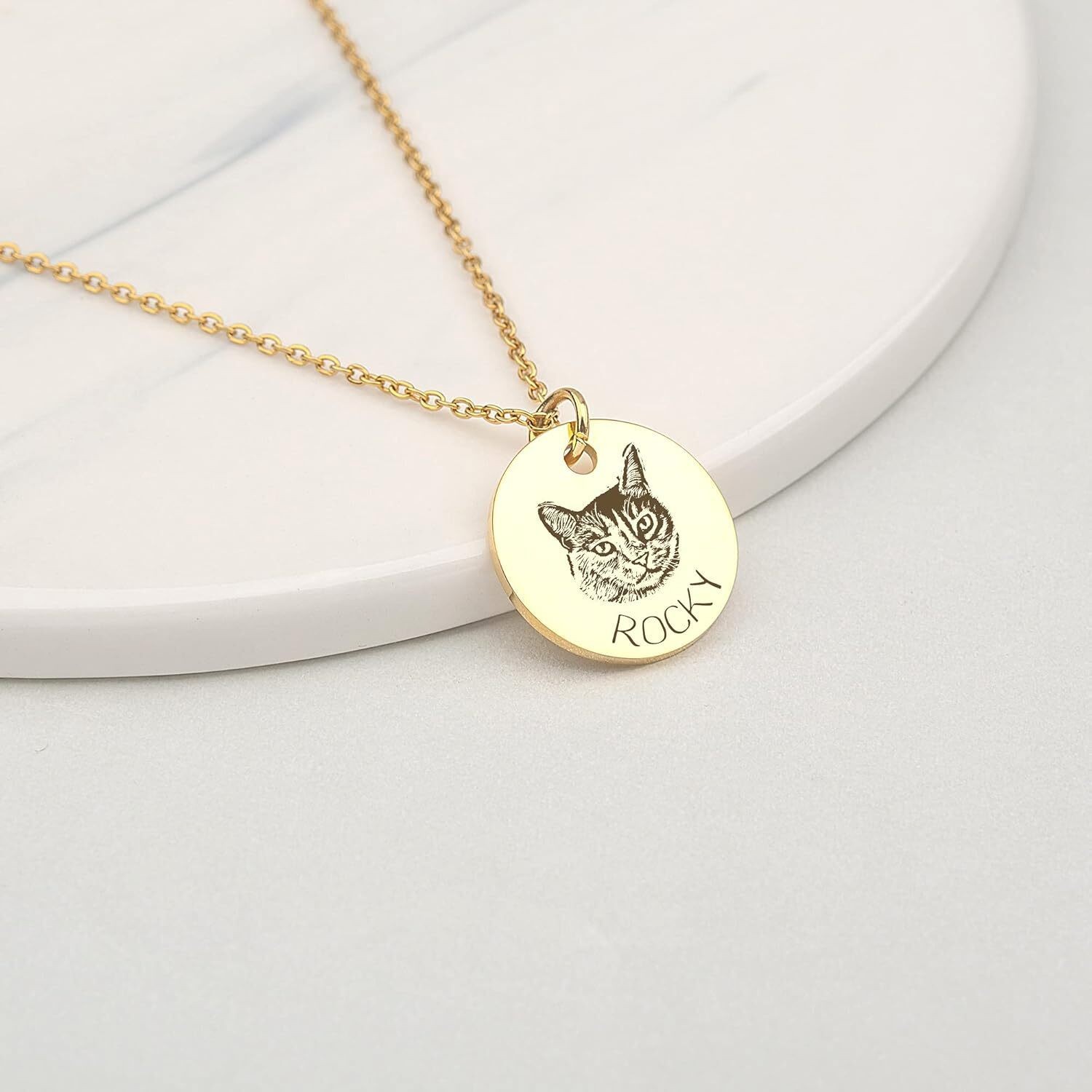 Personalized Pet Portrait Necklace ,Dog Cat Round Disc Photo Engraved Necklace
