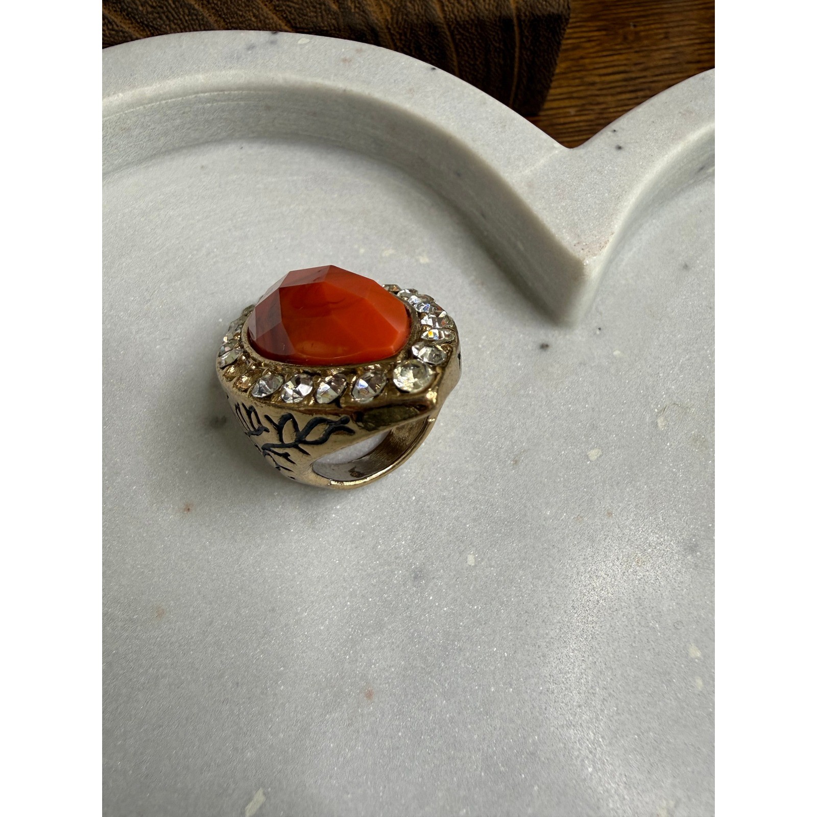 Gold Tone Orange Marquise Resin Rhinestone Leaf Engraved Statement Ring Size 7.5