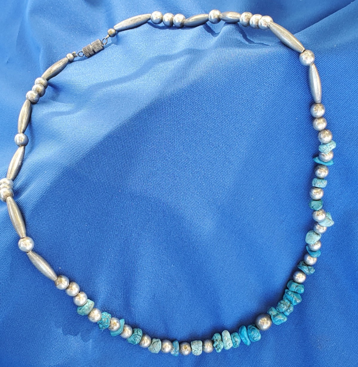 Original NATIVE VINTAGE NAVAJO TURQUOISE STERLING SILVER Beads NECKLACE 21″ INCH