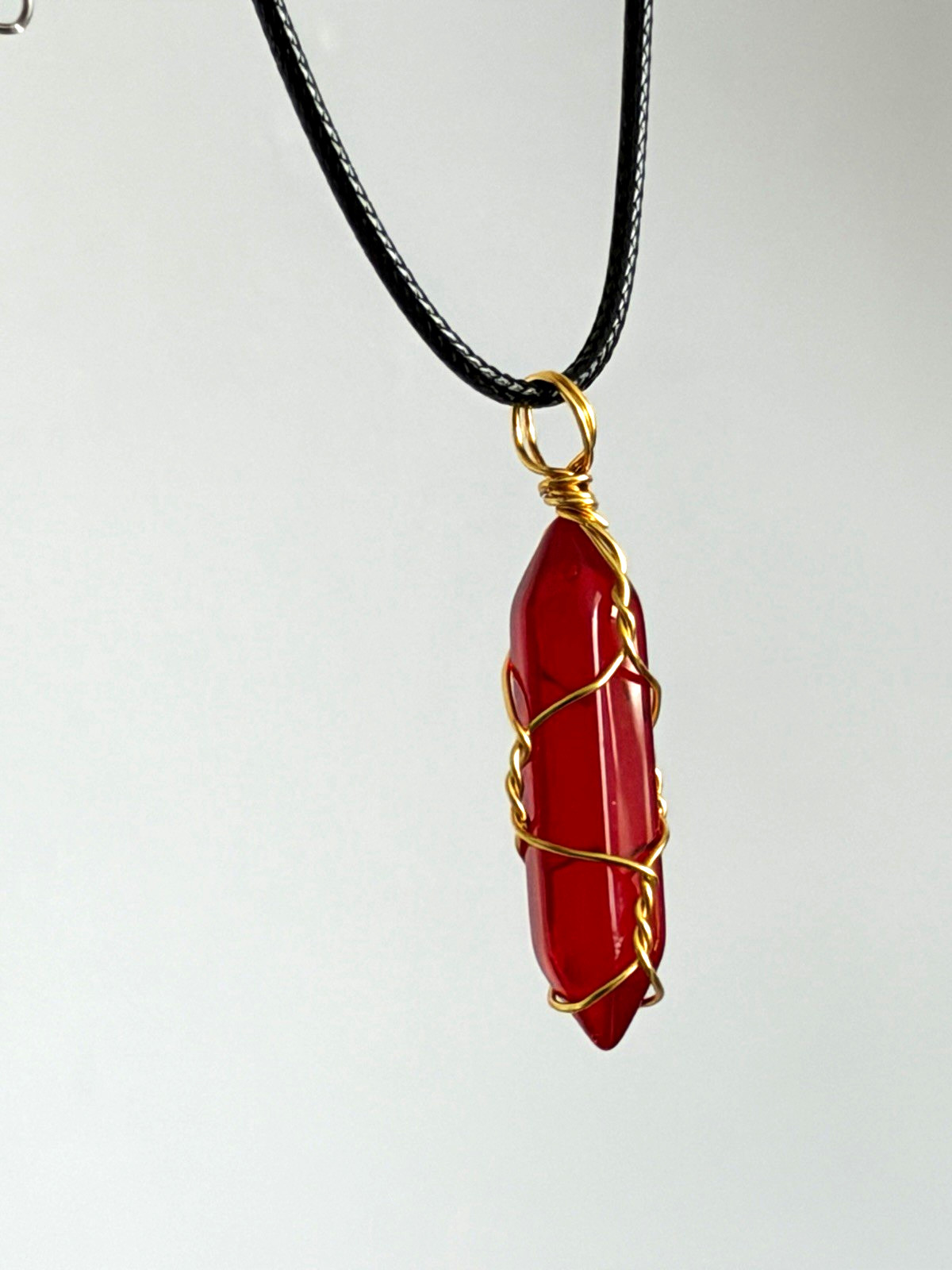 Gold Plated Wire Wrapped Red Crystal Point Teardrop Charm Cord Necklace