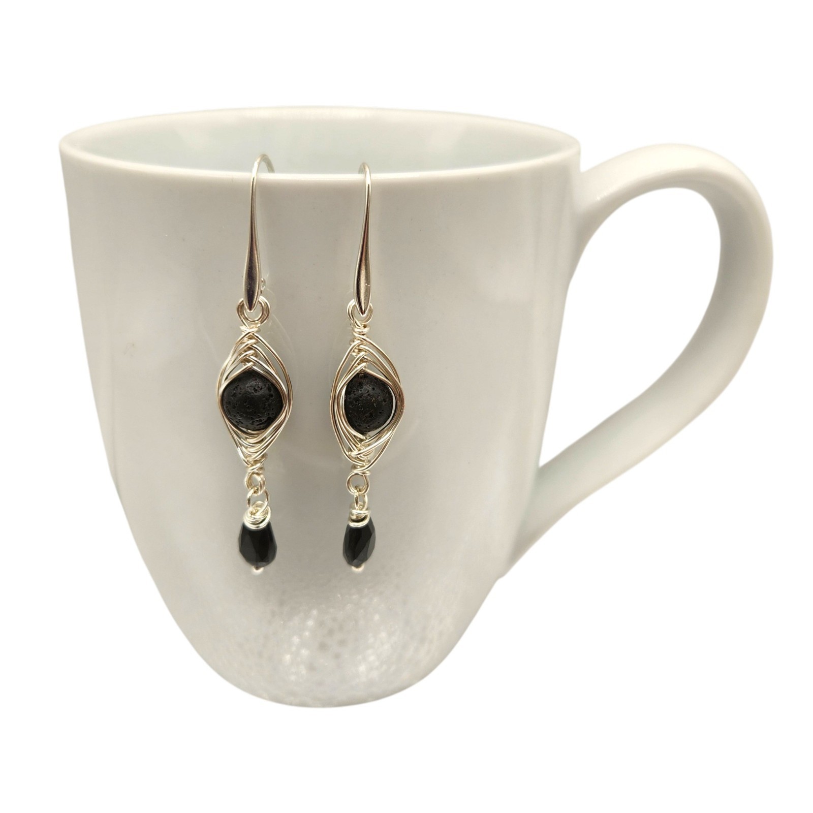Handmade Stone Herringbone Wire Wrapped Dangle Earrings Gold Silver Bronze
