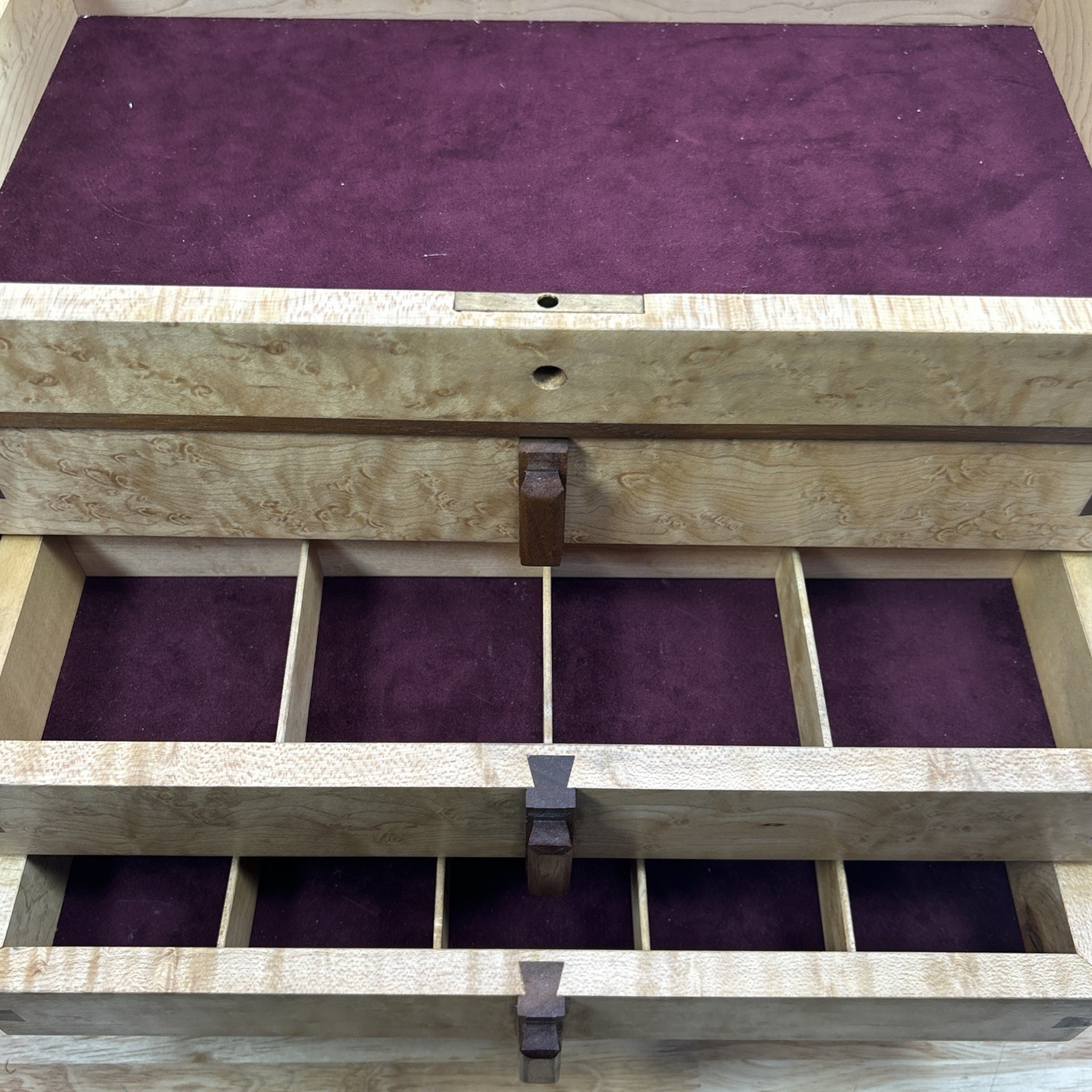 Jewelry Box Handmade Artisan Birdseye Maple Walnut Accent Inlay Lined Dovetail