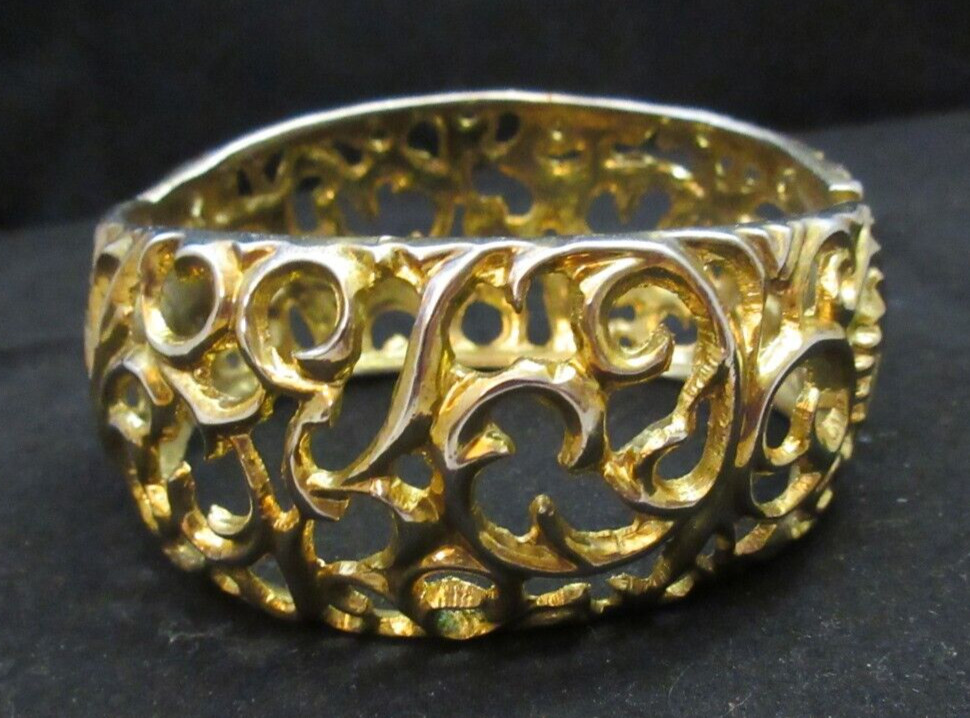 Vintage Open Work 1 1/4 Inch Wide Hinged Cuff Clamper Bracelet Gold Tone As Is