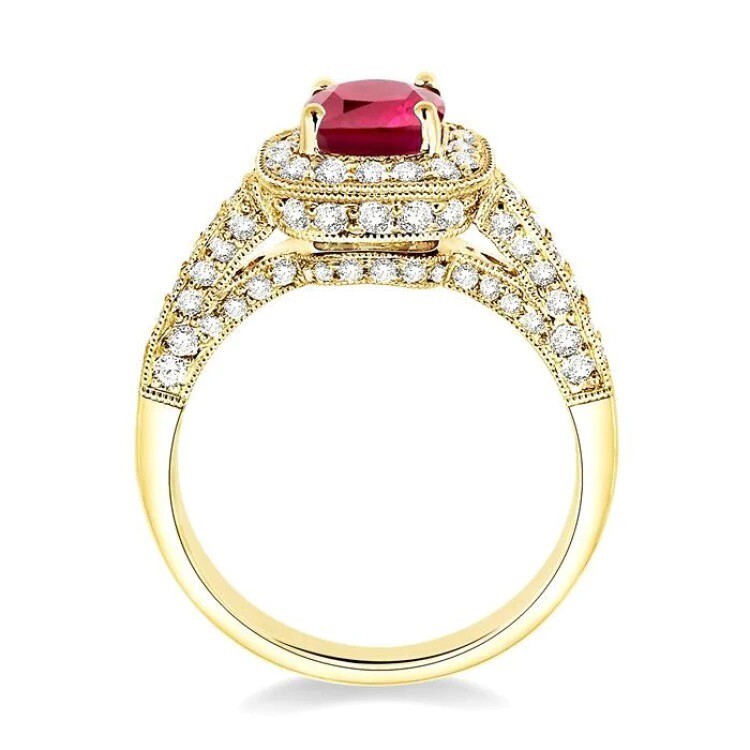 1.5ct Lab-Grown Diamond & Natural Ruby Halo Engagement Ring Real 1OK Yellow Gold