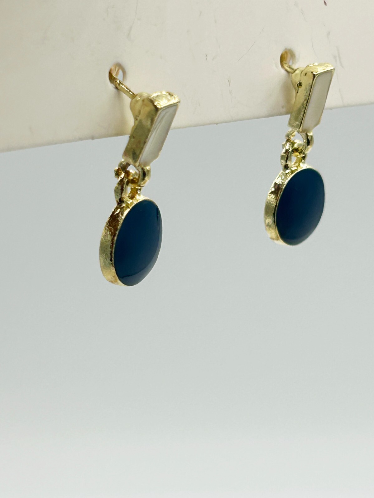 Enamel Pendant Earrings Contrast Color Blue/White/Gold, 1.75-Inch Drop
