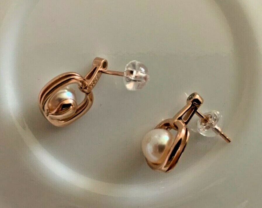 Superb luster fresh water akoya 6-7mm Pearl earrings Rose gold plated Silver 925