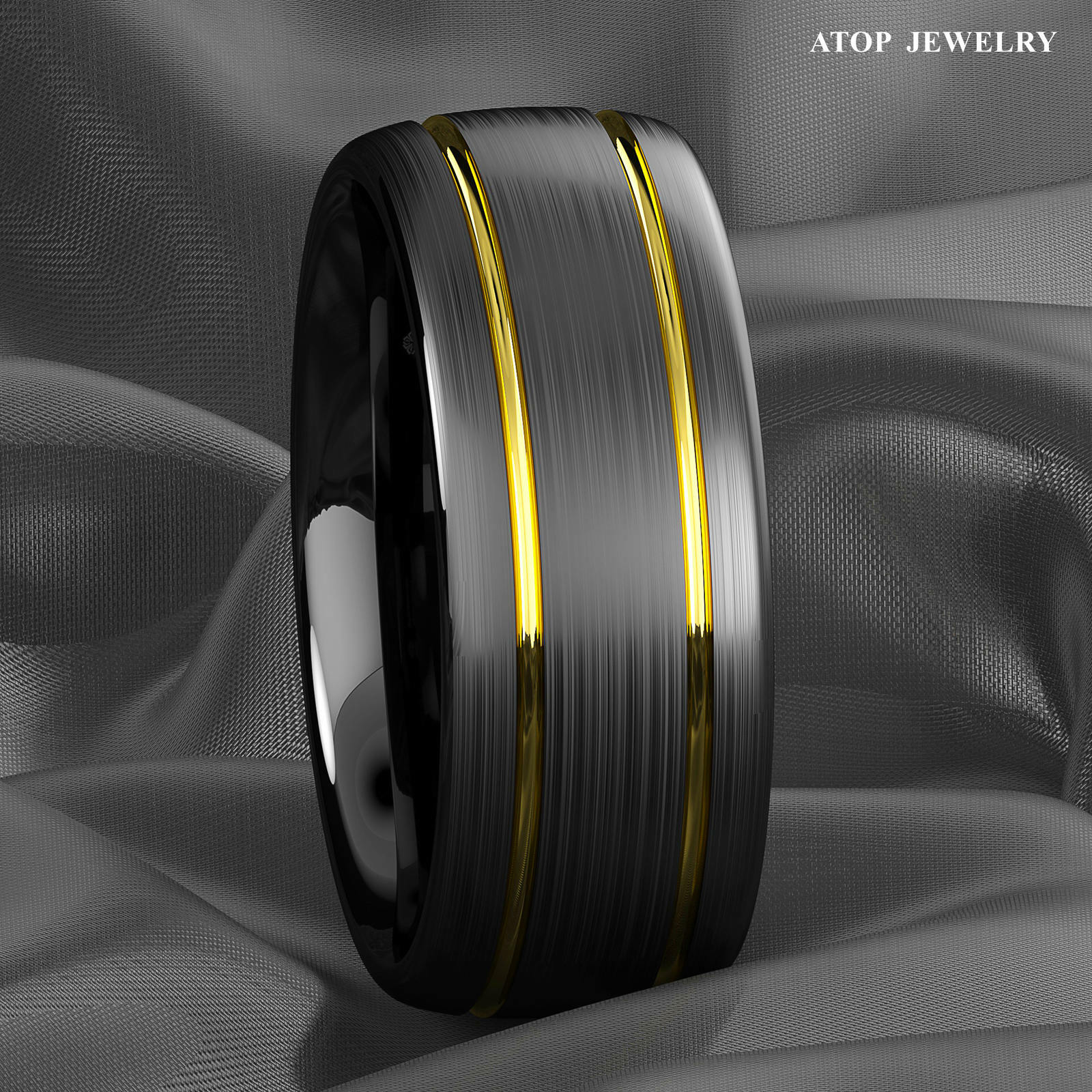8mm Tungsten Ring Black Brushed Dome 18k gold Wedding Band ATOP Mens Jewelry