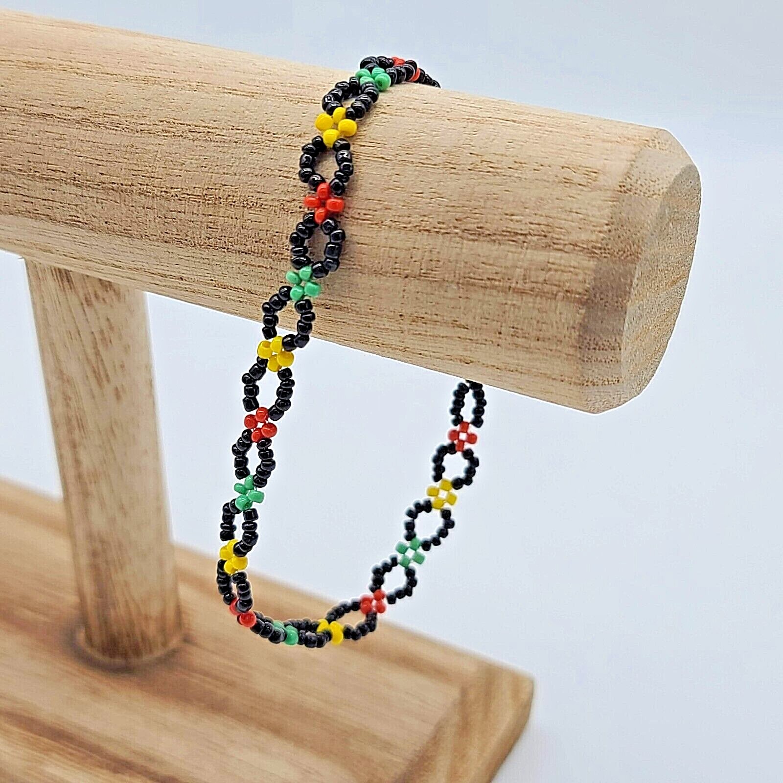 Black, Yellow, Red & Green Seed Bead Woven Anklet