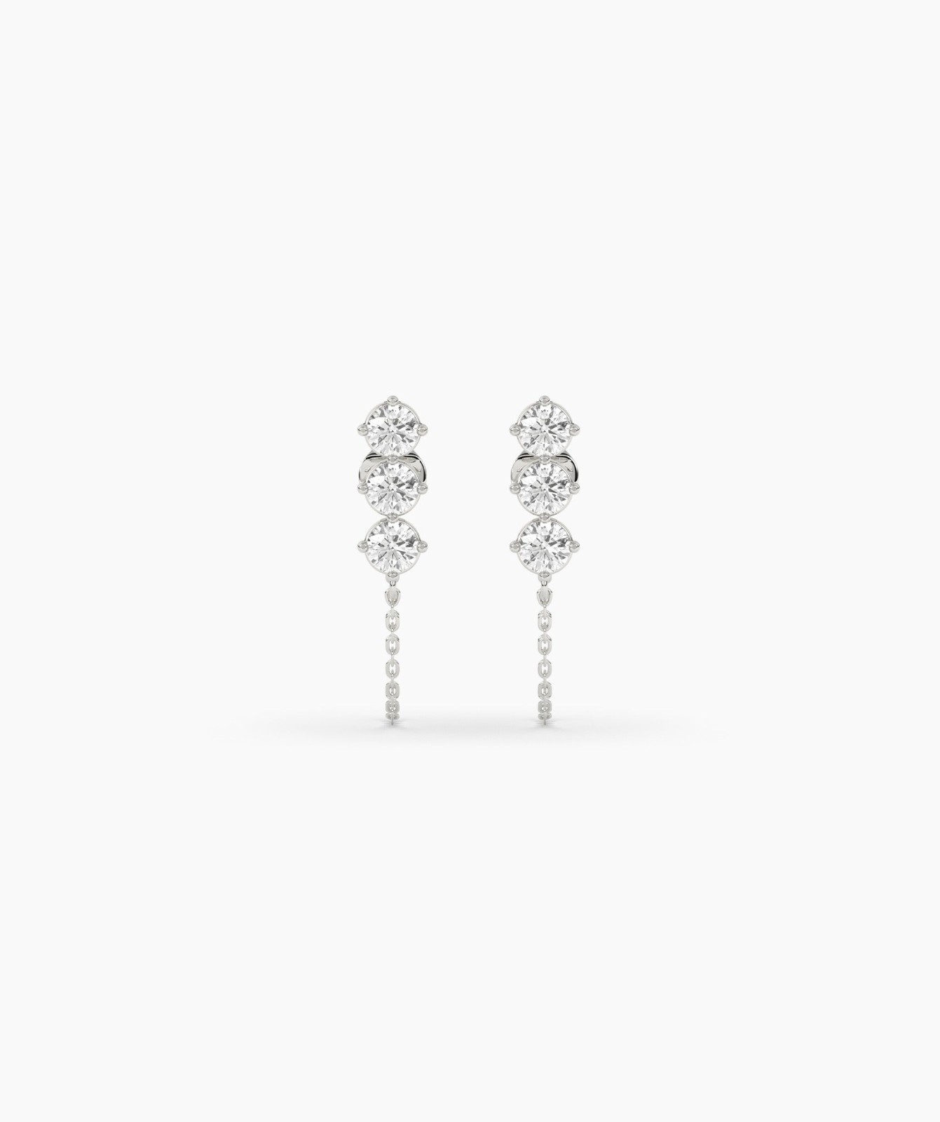 14K Gold Round Lab Grown Diamond Three Stone Climber with Chain Loop Earrings
