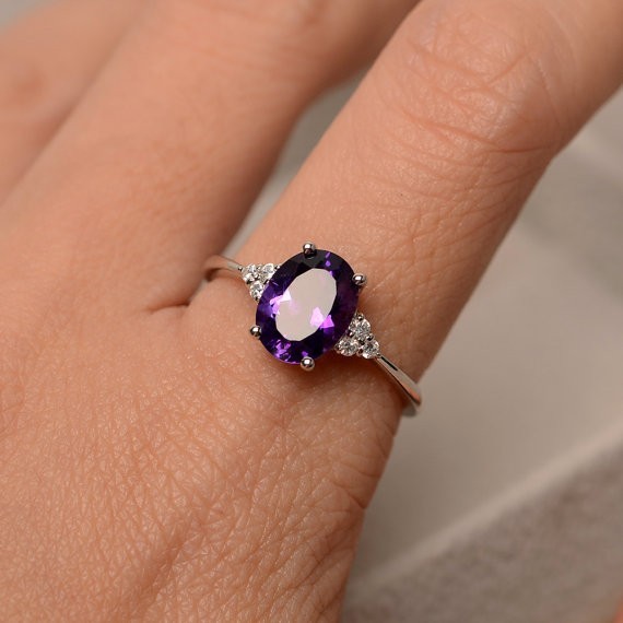 2.15 Ct Oval Cut Natural Amethyst Diamond Engagement Ring 14K White Gold Size 7