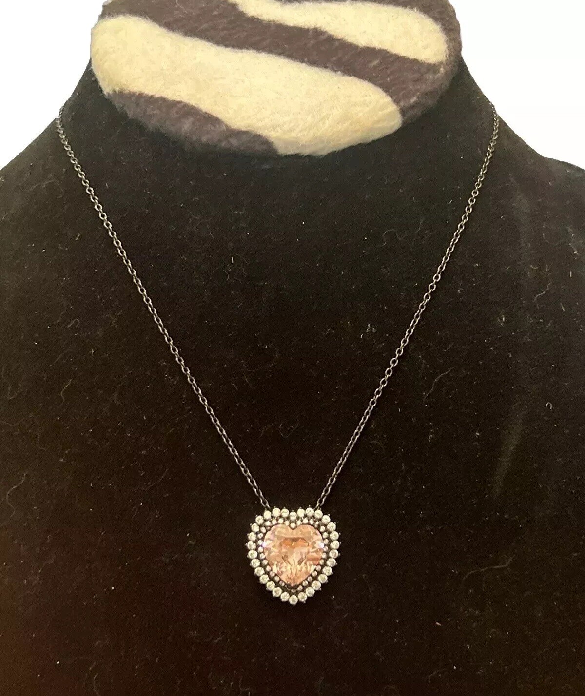 PINK HEART W/CLEAR CZ 925 BLACKENED STERLING SILVER NECKLACE 7.75-9.75”