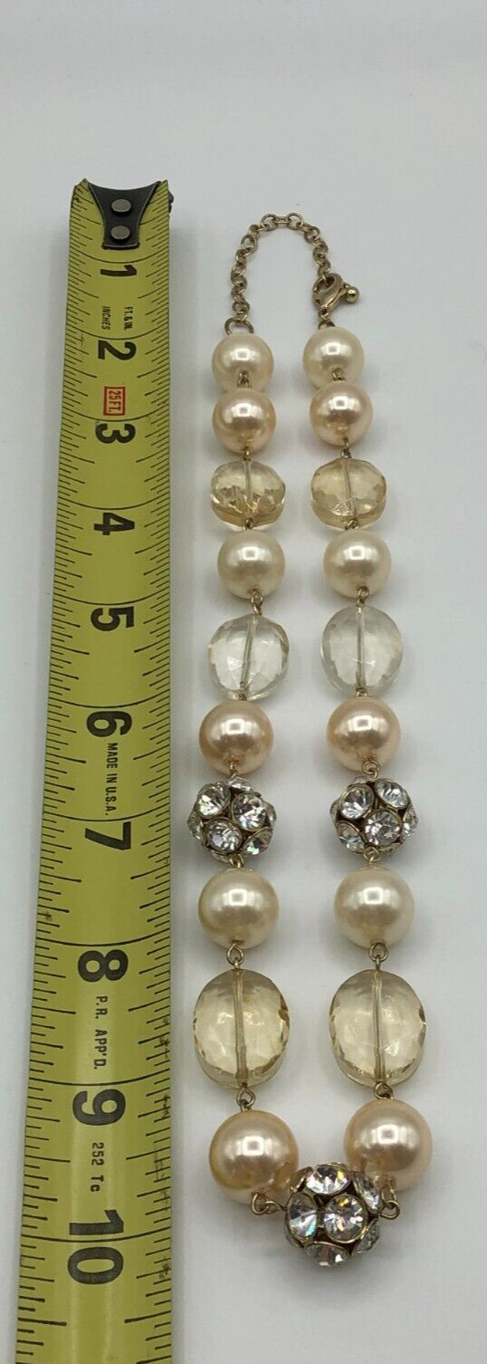 Vtg Cream & Champagne Faux Pearl Necklace Rhinestone Balls, Acrylic Crystals