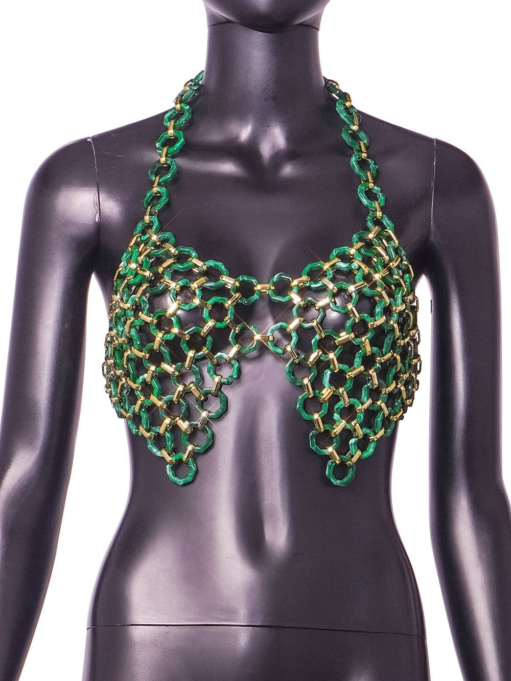Hot Women Green Chest Rhinestone Vest Luxury Circle Body Chain Street Party