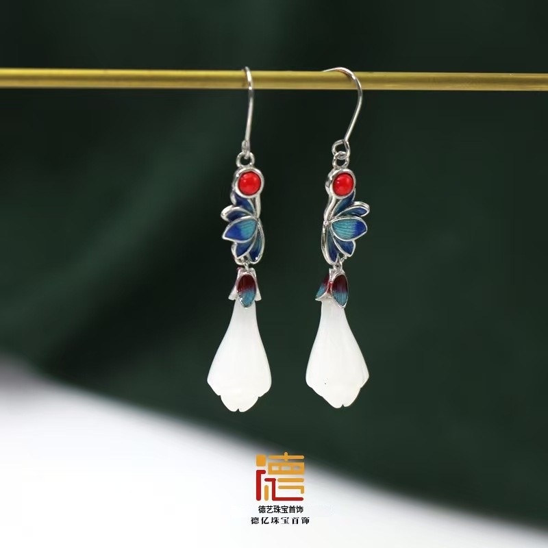 Jade Flower Earrings Enamel Drop Dangle Long Chinese Style Ethnic Women