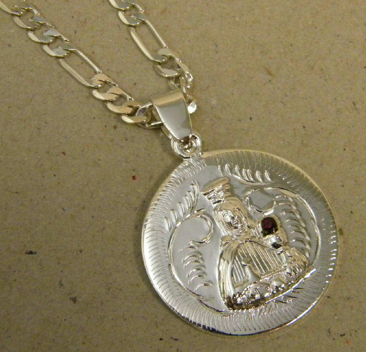 Men’s Lady’s Silver Plated Santa Barbara Red CZ Charm & Figaro Chain 24in 20in
