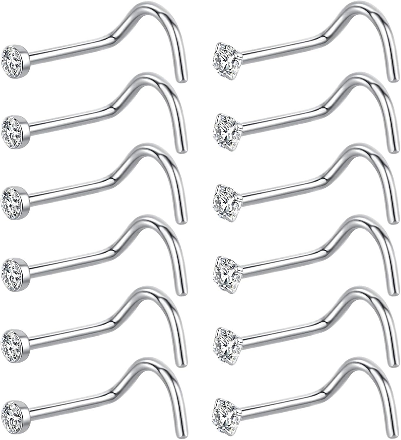 Versatile 12Pcs Nose Piercing Studs – Smooth Surgical Steel & Rhinesone Designs