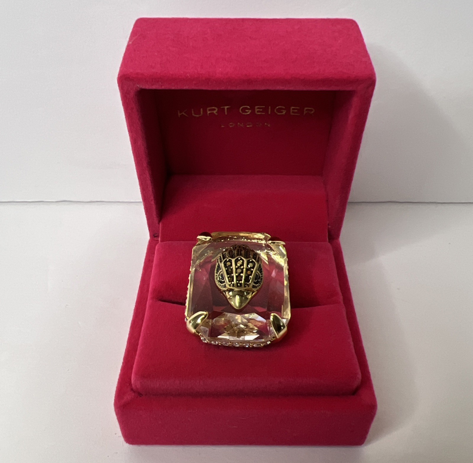 Kurt Geiger London Gold Tone Eagle Head Crystal Statement Cocktail Ring Sz 7 New