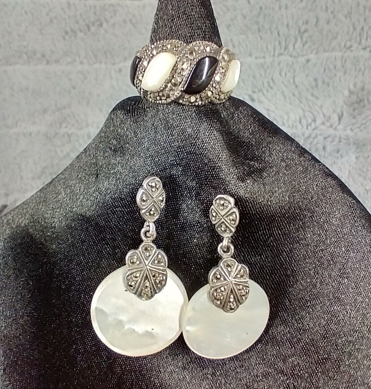 Vintage 925 Silver Marcasite & Mother Of Pearl Shell Earrings & Ring Size 5
