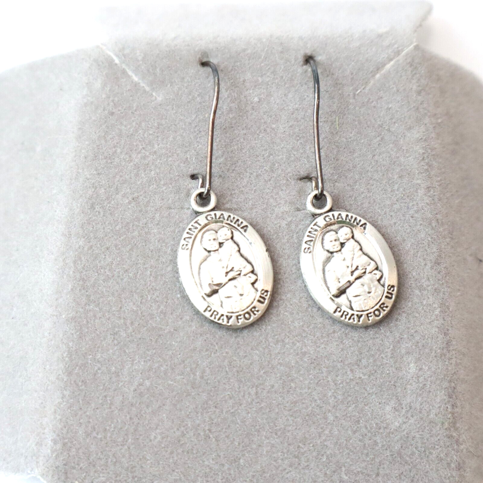 925 Sterling Bliss Vintage Saint Gianna Pray For Us Religious Medal Earrings