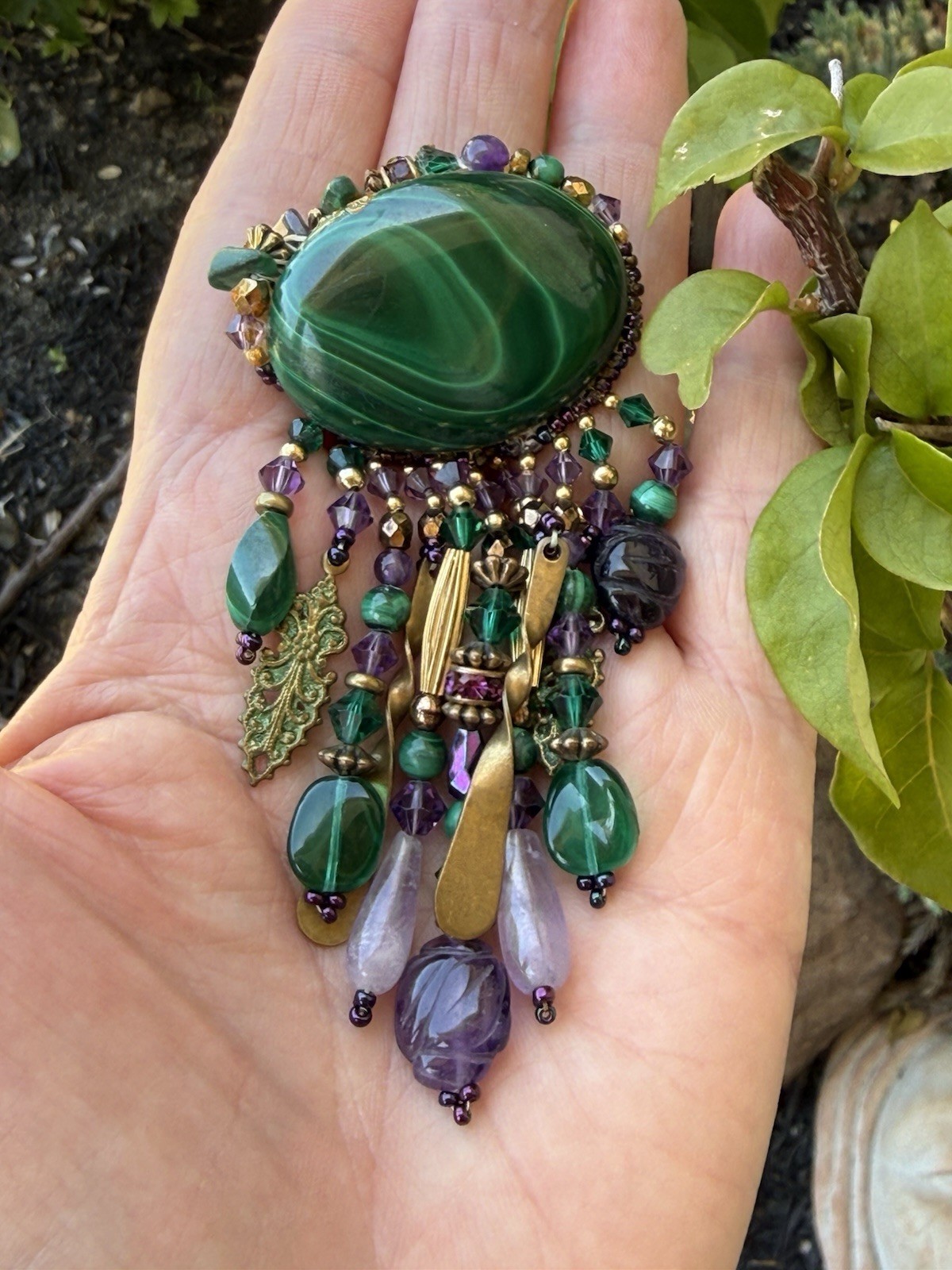 VTG Boutique Artisan Fringe Malachite & Amethyst Gem Dangles Crystal Pin Brooch