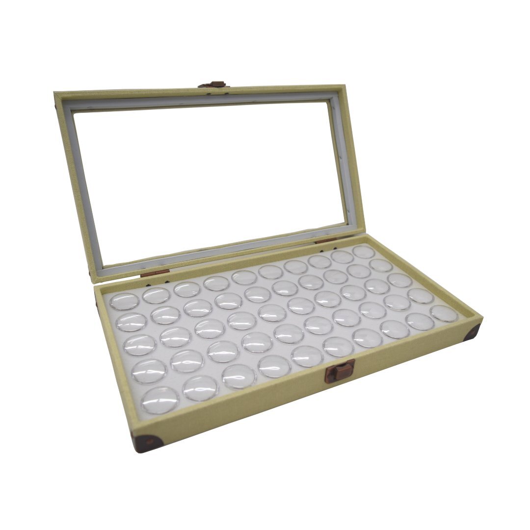 Novel Box Glass Top Linen Metal Clasp Jewelry Display Case With Gem Jar Insert